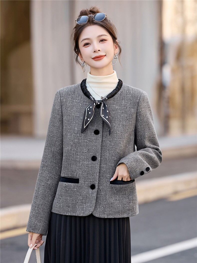 独特漂亮蝴蝶结系带毛呢外套女2025秋冬新款气质百搭显瘦短款上衣,女装短外套,罗腾