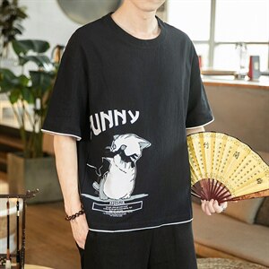 2021夏季新风日系大码男已注册印花亚麻短袖棉麻T恤T1003-P35图片