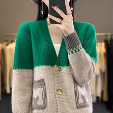 V领拼色100%纯羊毛开衫女秋冬加厚带兜针织外套宽松羊绒衫上衣，女装羊毛衫，蒙特羊绒