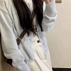 软糯感浅蓝色针织开衫女早秋韩版宽松内搭打底衫短款毛衣外套上衣，男装针织衫/毛衣，星座506A