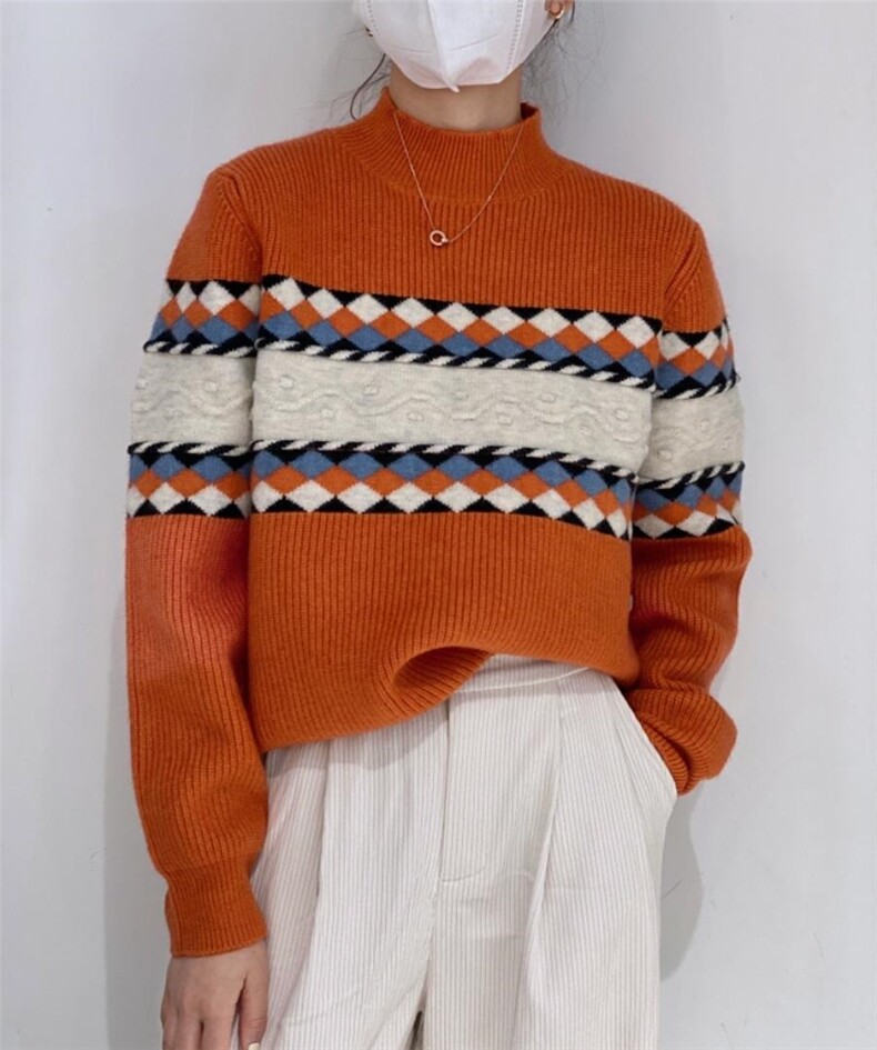 菱形拼色毛衣，女装针织衫/毛衣，驿谷