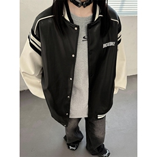 主推美式复古拼接罗纹pu棒球服情侣皮衣夹克外套男女G1094P108，男装夹克，电商A339
