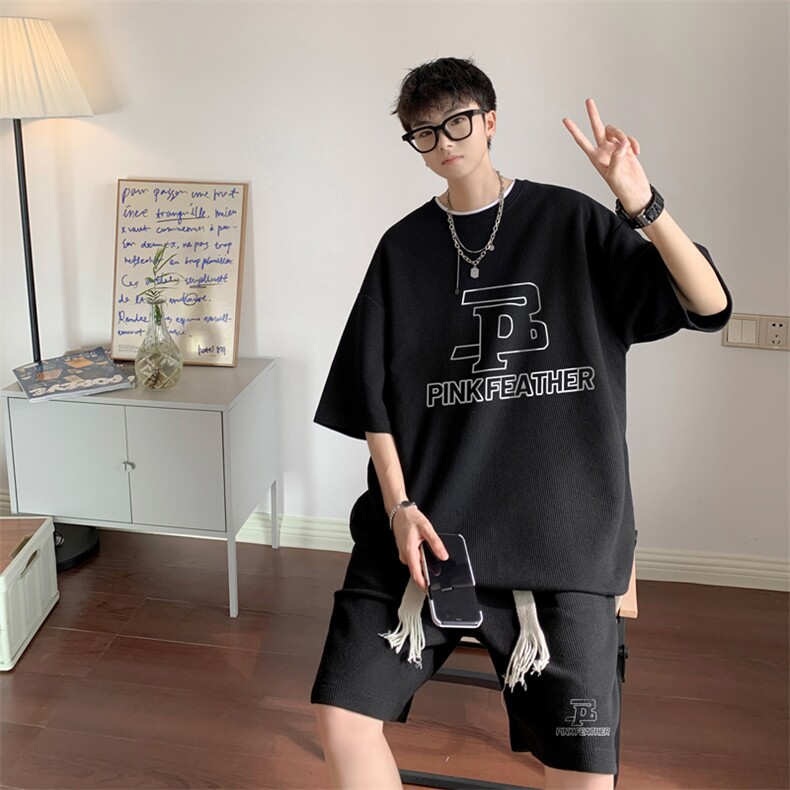 套装！华夫格套装男T恤短裤两件套大码港风TZ115-P50,男装休闲套装,电商B367