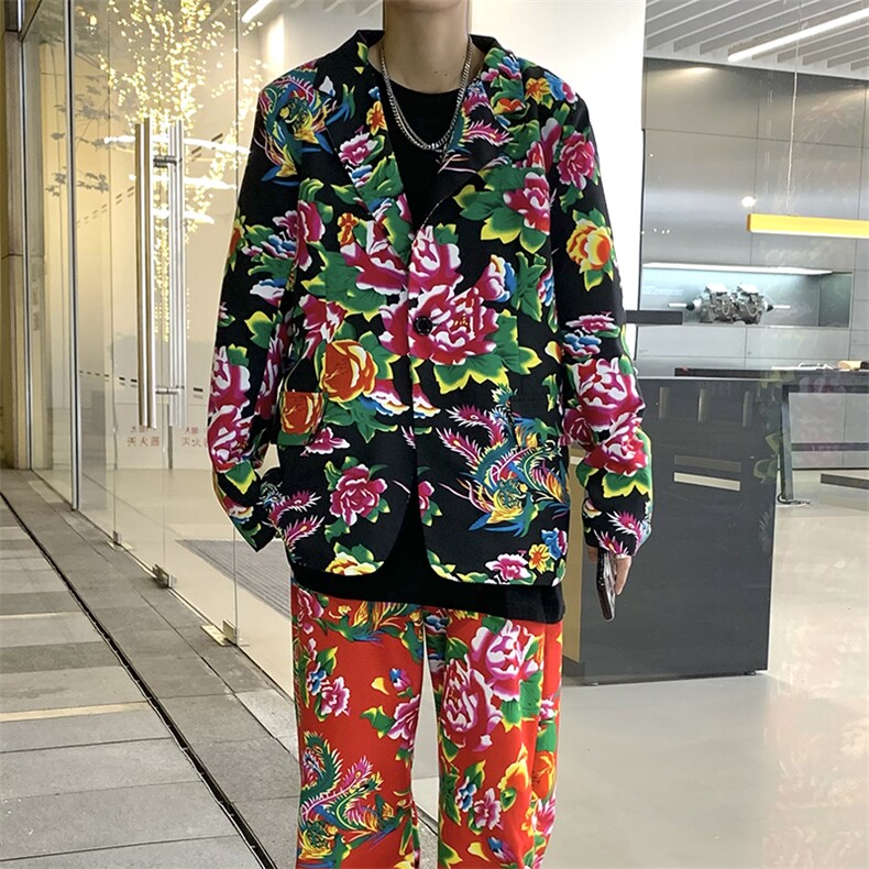 XF01男秋港风文艺休闲大码西服套装西装东北大花民族风特色风,男装西服套装,星座115A(原星座507）