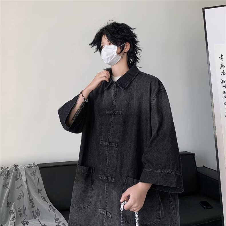新款新中式盘扣牛仔衬衫外套男女宽松设计感短袖衬衣潮N9866-p65,男装衬衫,星座1008