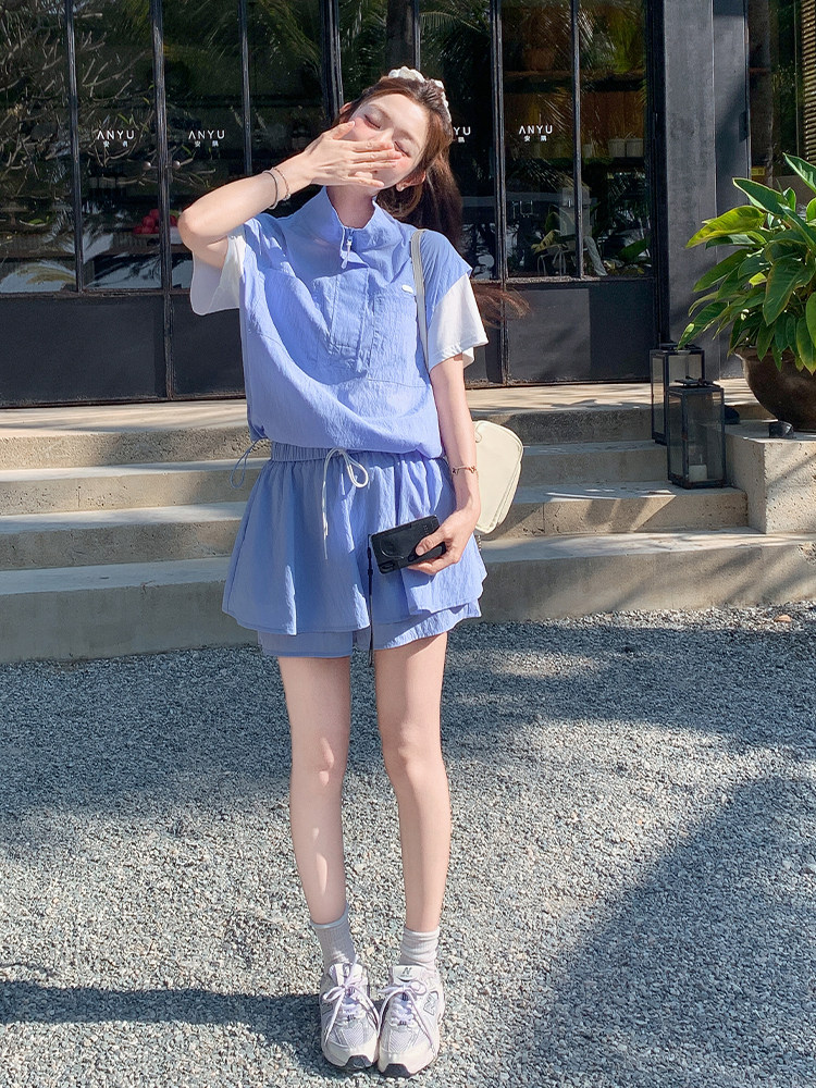 学院风休闲假两件立领上衣短裙裤两件套女2025夏季新款小个子套装,女装运动套装,浙宝285（原212）