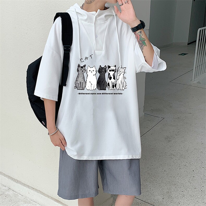 LD54100-P45连帽短袖t恤男大码胖子带帽五分袖中袖,男装T恤,电商A040