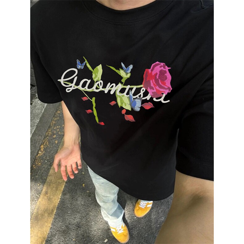 网图有货美式嘻哈玫瑰刺绣短袖T恤男女原创宽松情侣上衣A409-P35,男装T恤,星座1505