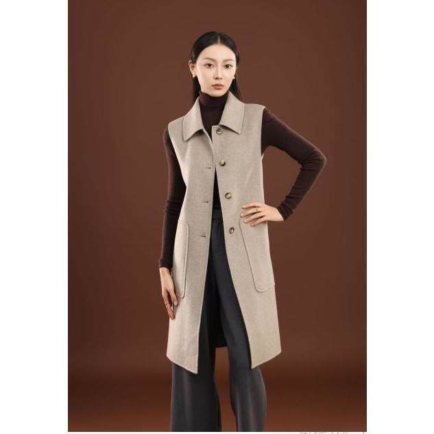 秋冬季纯山羊绒保暖翻领方兜高级感中长款无袖羊绒大衣马甲，女装羊绒大衣，卓冠羊绒