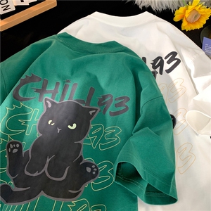 wassup happy猫咪短袖t恤男夏季薄款潮牌休闲半袖宽松五分袖体恤图片