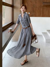 《档口现货26夏上新》气质通勤日常亚麻天丝连衣裙女送腰带，女装连衣裙，时尚风爆