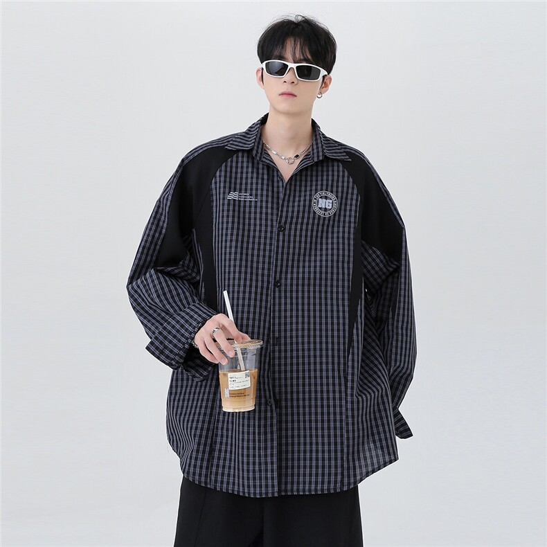 美式复古格纹衬衫男春季宽松长袖衬衣暗黑潮流翻领打底衬衫男p58,男装衬衫,电商C307