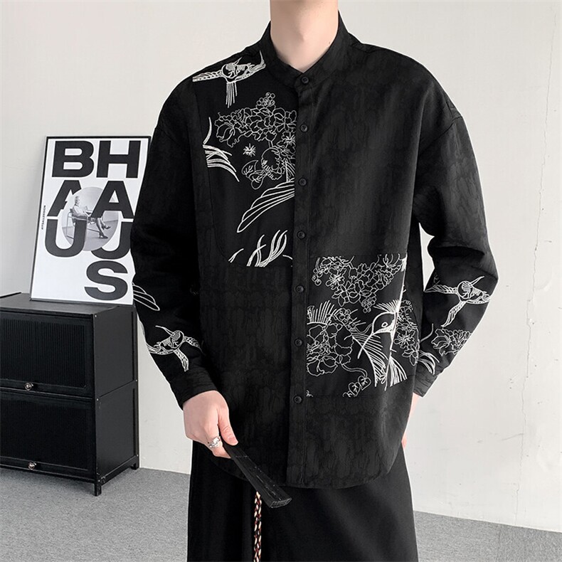 春装新中式立领刺绣衬衫男女加肥加大码宽松拼接宽松衬衣外套，男装衬衫，星座909