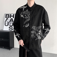 春装新中式立领刺绣衬衫男女加肥加大码宽松拼接宽松衬衣外套，男装衬衫，星座909