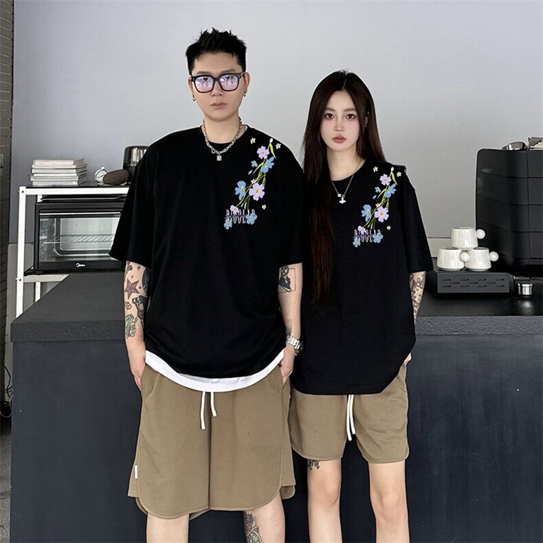 万针全刺绣解构设计260克重磅双纱纯棉高品质美式高街短袖T恤特39,男装T恤,电商A486