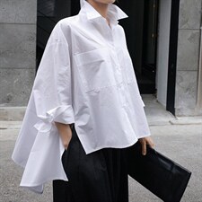 2025春装新款衬衫女韩版宽松大码斗篷型长袖不规则衬衣时尚上衣,女装衬衫,红依娜