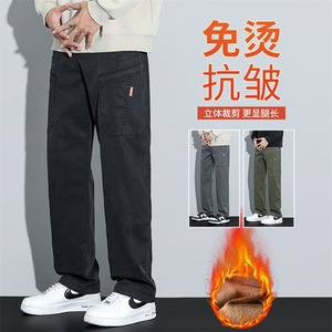 6106加绒加厚直筒牛仔裤男款美式潮牌秋冬季拼接工装阔腿裤外贸