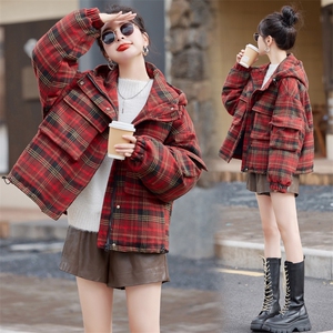 连帽羽绒服女冬季新款2025格子法式气质显瘦设计感时尚减龄外套潮图片
