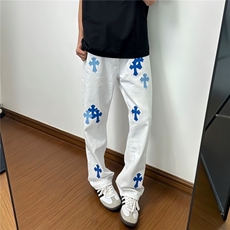 网图白色豹纹牛仔裤贴皮刺绣美式十字架直筒长裤A025-XN62211-P50，男装牛仔裤，电商A025