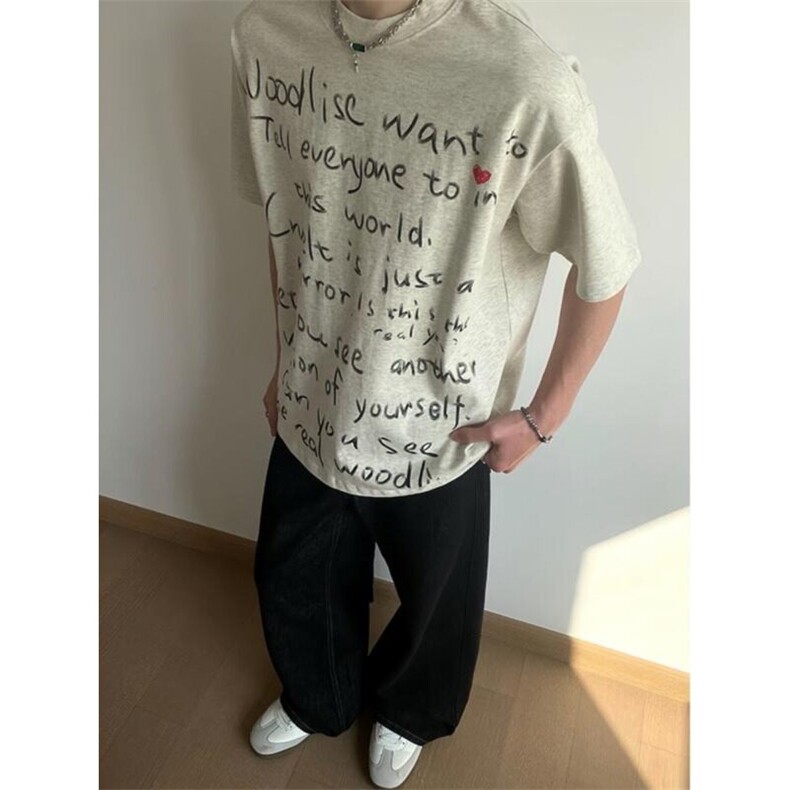 高品质纯棉短袖-宽松落肩款-白墨印花尺码:M-3XL,男装T恤,星座506A