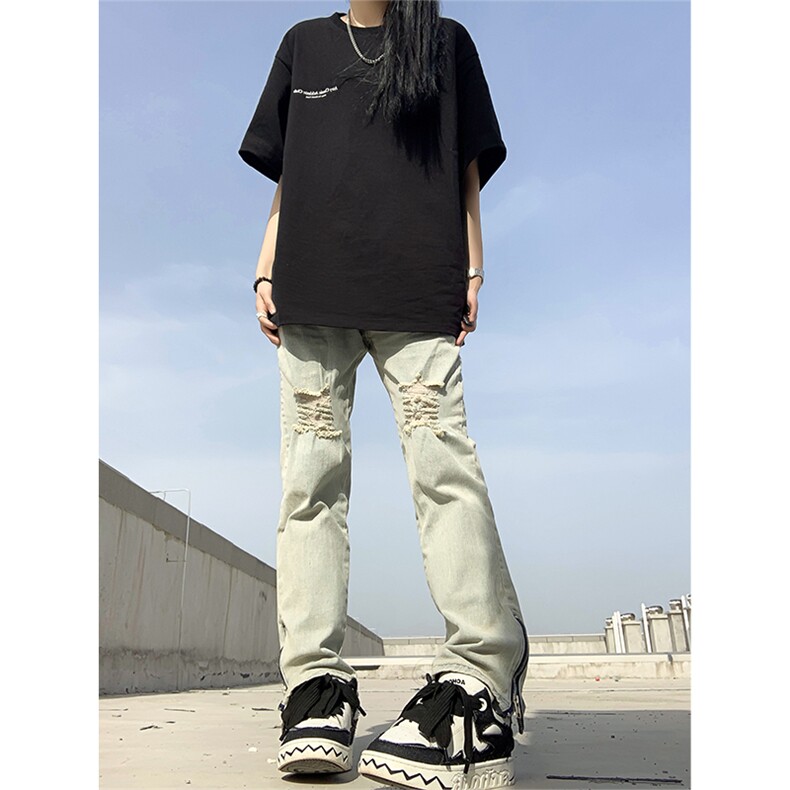B221美式ins高街暗黑拉链小脚弹力破洞牛仔裤LK23060-P65控88,男装牛仔裤,电商B221