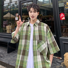 短袖衬衫男夏季新款磨毛格子衬衣DX003-特批26无差价，男装衬衫，星座214-3