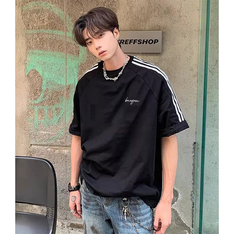 抖音得物高品质二开240克宽松纯棉美式潮牌三条杠织带短袖T恤，男装T恤，电商A486