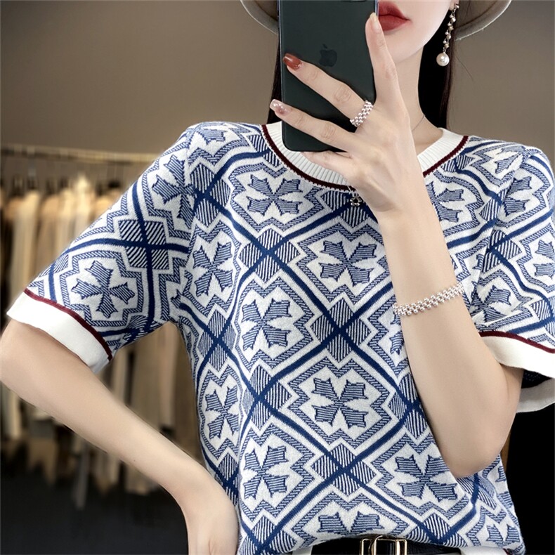 2023春夏新款100%全棉短袖女青花瓷T恤洋气纯棉线针织半袖小众潮,针织衫/毛衣,斯美雅电商供货