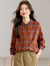 衬衫女长袖2026春秋新款大码宽松遮肚上衣洋气减龄撞色格子衬衫，女装衬衫，独衣靓