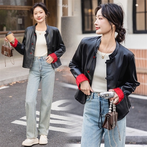 新中式盘扣皮衣外套女2025秋季新款超好看皮夹克PU拼接外套图片
