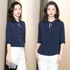 老敏哥【优雅从容】100重磅百搭飘带立领桑蚕丝双绉真丝上衣女，女装衬衫，阿舍尔精品