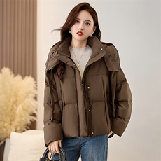 连帽飘带短款羽绒服女2024冬季新款加厚小个子90白鸭绒面包服外套，女装羽绒服，衣之秀