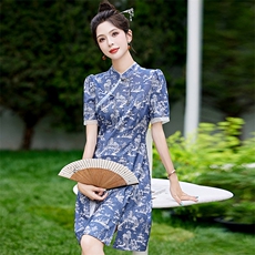 新中式提花牛仔连衣裙女2024夏季新款收腰显瘦轻国风改良旗袍裙子，女装连衣裙，涵墨