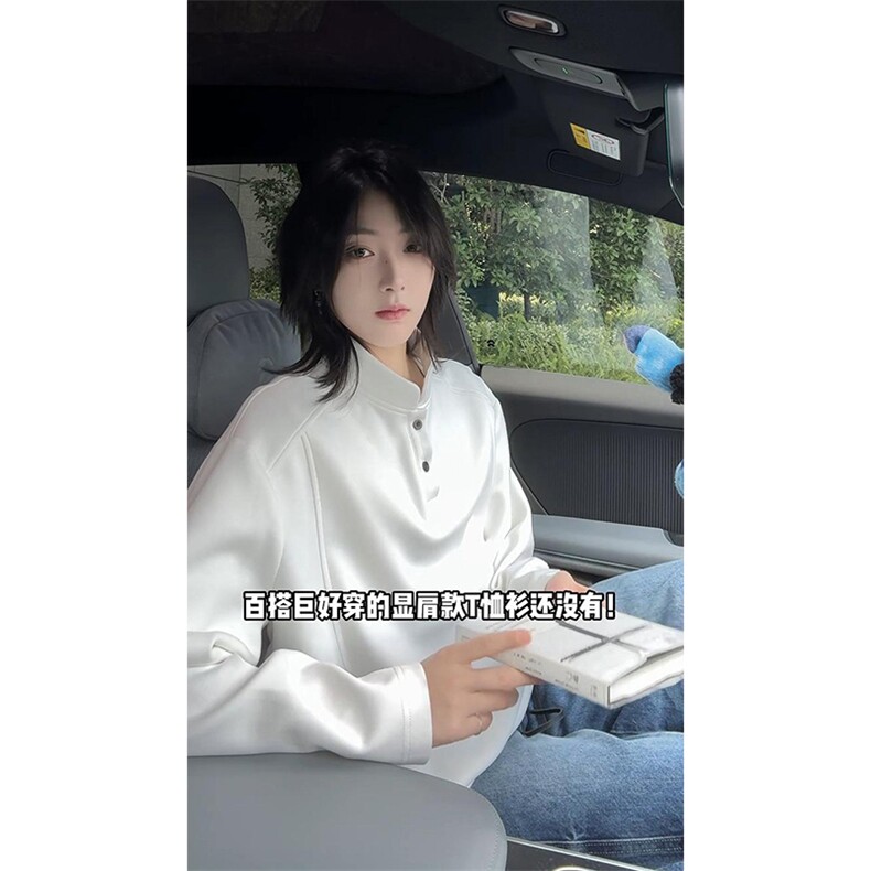 抖音得物品质美式高街重磅曼巴棉拼接cleanfit亨利领卫衣长袖T恤,男装T恤,电商A486