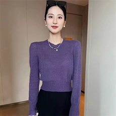 时尚百搭紫色圆领短款羊毛衫显瘦修身麦穗针织毛衣，女装羊毛衫，泰沅羊绒