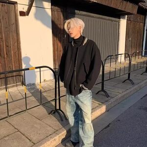 毛呢棒球服高品质美式复古休闲百搭短款显高秋冬外套男图片