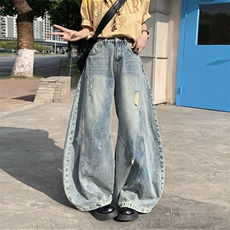 美式做旧破洞弯刀牛仔裤女2026夏季水洗宽松阔腿拖地裤YD9007-P75，男装牛仔裤，星座509
