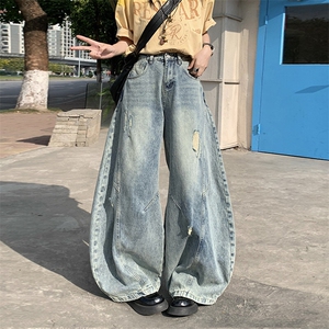 美式做旧破洞弯刀牛仔裤女2026夏季水洗宽松阔腿拖地裤YD9007-P75图片