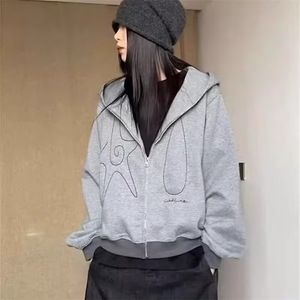 春季新品简约风拉链韩版宽松纯色休闲开衫连帽卫衣女外套叠穿帽衫图片