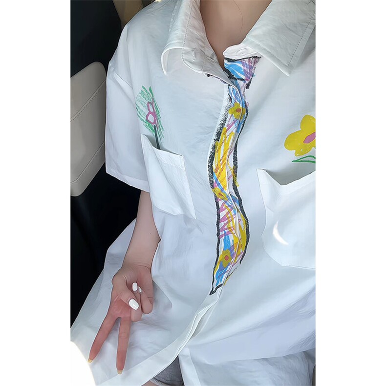 特批P28无差价夏季趣味蜡笔创意涂鸦领带宽松百搭短袖衬衫CD5510,男装衬衫,电商A001-1