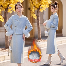 【bao款大货已出】2025冬装新款新中式刺绣羽绒套装狐狸毛90绒，女装套装/套裙，雅静靓衣
