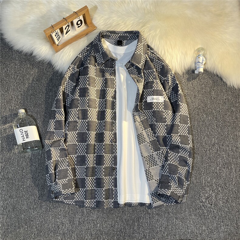 B413-1-DX897秋冬新款格子衬衣外套港风休闲宽松衬衫潮流牛仔衣服,男装工装外套,电商B413-1