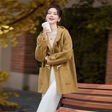 牛角扣连帽双面呢羊绒大衣女2025秋冬新款小个子减龄宽松毛呢外套，女装双面呢大衣，采品优优