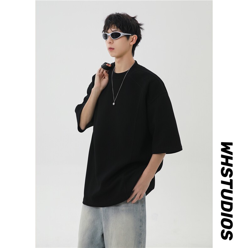 港风美式vibe潮流宽松拼接款圆领半袖T恤男潮XZ213-T008-P35控58,男装T恤,星座213