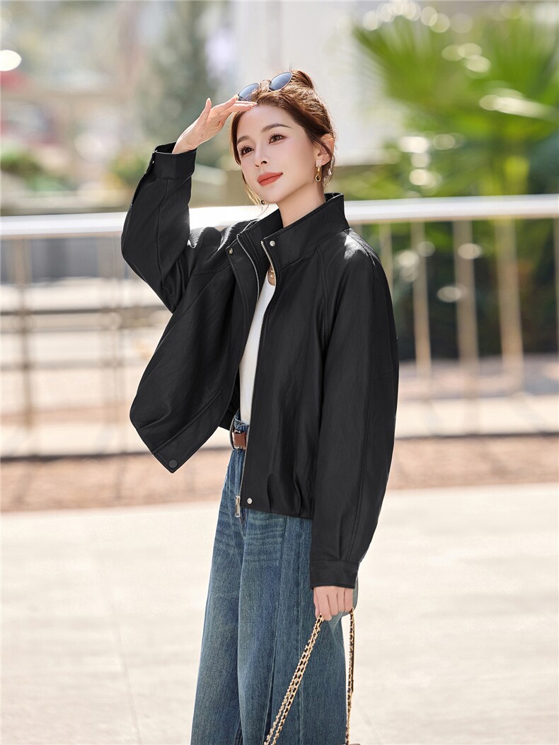 皮衣外套女春秋季2026新款小个子港风复古高级感皮夹克,女装皮衣,秀美人生