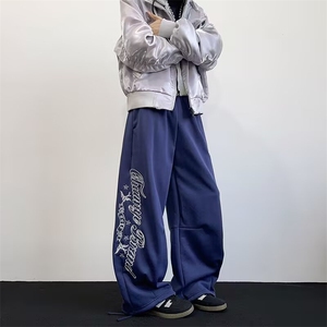 灰色美式运动裤女秋冬大码宽松休闲裤字母直筒阔腿卫裤K6738-P53
