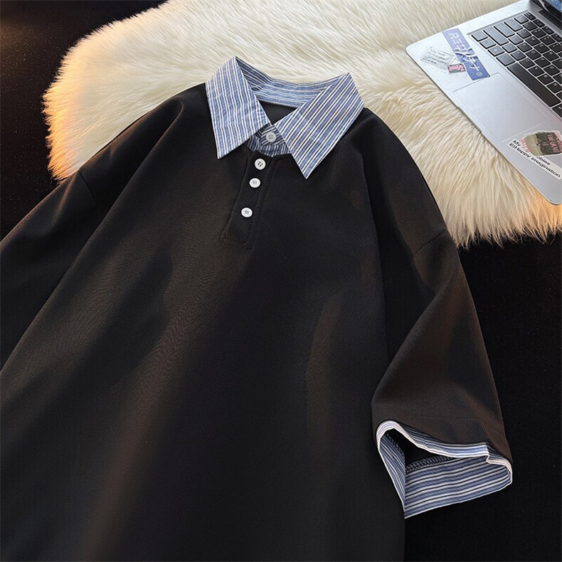 8XL-M假两件衬衫领短袖T恤大码夏季条纹拼接polo衫半袖DX1211/P45,男装Polo衫,电商B238