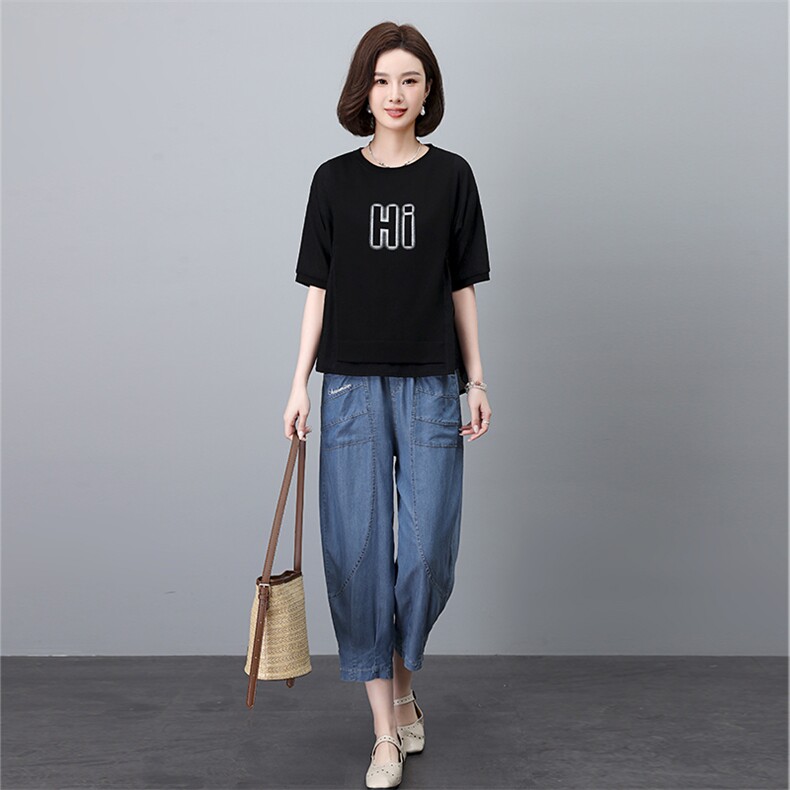 天丝牛仔套装女2025夏季新款时尚休闲宽松中年妈妈洋气减龄两件套,女装套装/套裙,叶笙衣