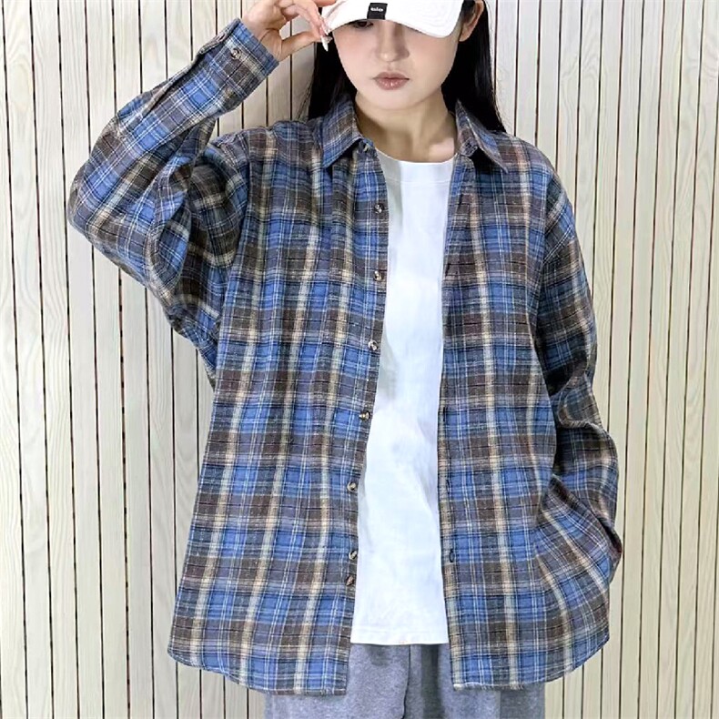 春季新款现货（跨境电商）格子男女情侣款潮流宽松格纹衬衣,男装衬衫,星座1107-1