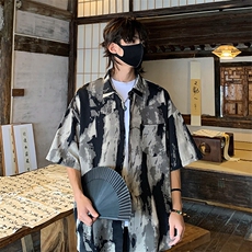 特批P25无差价25夏季风水墨画垂感冰丝休闲潮流短袖衬衫男CD894，男装衬衫，电商A001